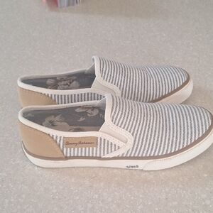 Tommy Bahama Women Slip-On Canvas Sneakers in Blue Stripe & Tan